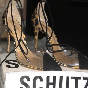 Schutz stilettos in leopard and clear detail
